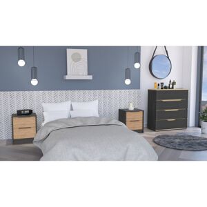FM Furniture Blaine 3-Piece Bedroom Set with 2 Nightstands and Dresser, Black/Pine/Light Oak 4-drawer