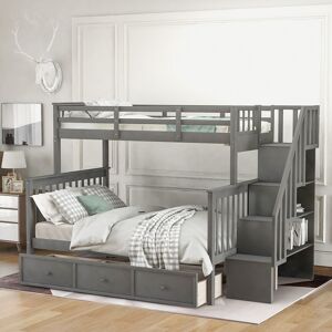 VIVIADORE Twin Over Full Solid Pine Bunk Bed with Storage Staircase, Drawer, Guardrail, Convertible Twin