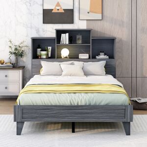 NINEDIN Wood Full Platform Bed with 4 Storage Shelves and USB Charging, Full Size Bed with Storage Headboard, No Box Spring Needed Full