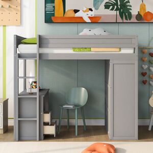 GREATPLANINC Twin Loft Bed with All-in-One Desk Drawers, Cabinet - Grey Twin