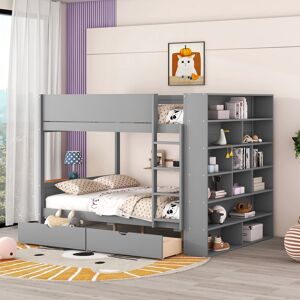 Full over Full Bunk Bed With 2 Drawers and Multi-layer Cabinet, Gray Full