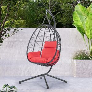 LELATTRADE Egg Hanging Chair with Stand Porch Swings Wicker Rattan Hammock Egg Chair with UV Resistant Cushions 350lbs Capacity for Patio 1