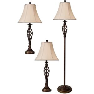 StyleCraft Home Collection StyleCraft Barclay Brass Table and Floor Lamp Set - White Silk Shade (Set of 3) 18.0 In. L X 14.0 In. W X 61.0 In. H