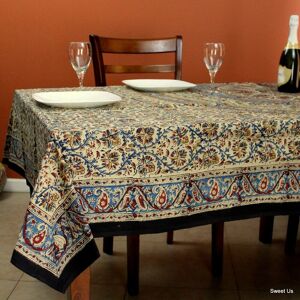 Handmade Kalamkari Cotton Block Print Cute Floral Paisley Tablecloth Rectangle 106 x 106 in