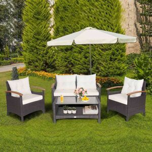 Costway 4PCS Patio Rattan Furniture Set Cushioned Sofa Storage Table White 4