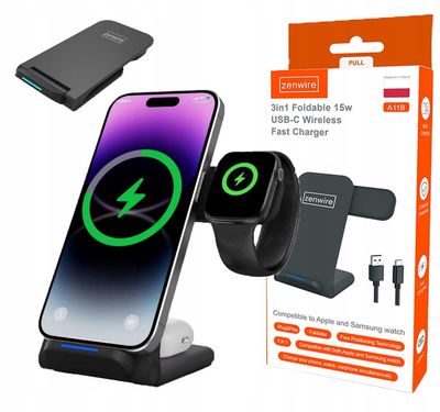 3-i-1 trådløs oplader USB-C til iPhone Samsung Watch QI 15W Zenwire A11B