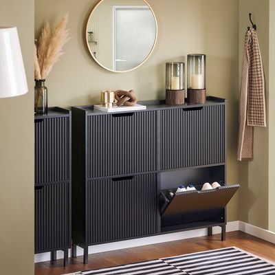 SoBuy Skoskab med 4 klapdøre – 100x19x91cm | Pladsbesparende | Sort FSR177-L-SCH