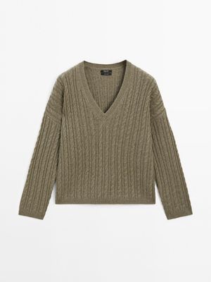 Massimo Dutti - Dame - Oversize Striktrøje I 100 % Kashmir - Grøn - L
