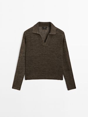 Massimo Dutti - Dame - Striktrøje I 100 % Hør Med Polokrave - Grøn - Xs