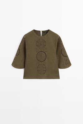 Massimo Dutti - Female - Bluse I Hørblanding Med Broderede Detaljer - Grøn - S