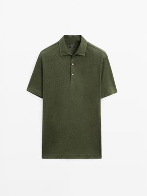 Massimo Dutti - Herre - Kortærmet Poloshirt I 100 % Hør - Grøn Som - Xl