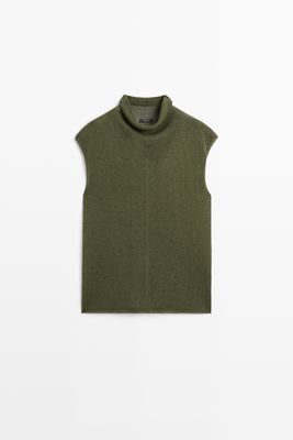 Massimo Dutti - Female - Strikket Top Med Draperet Høj Hals - Grøn - L