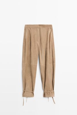 Massimo Dutti - Female - Bukser I Ruskind Med Bindebånd Ved Kanten - Grøn - L
