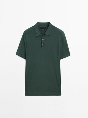 Massimo Dutti - Herre - Kortærmet Polosweater I Bomuld - Grøn-Meleret - L