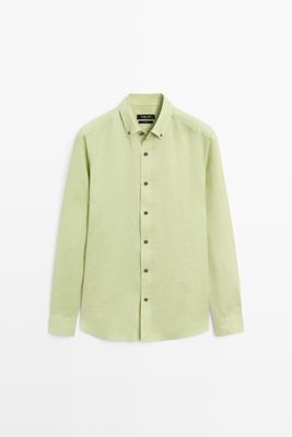 Massimo Dutti - Male - Regular Fit Skjorte I 100 % Hør - Grøn - Xxl