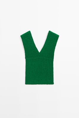 Massimo Dutti - Female - Strikket Top I Bomuld Med V-Udskæring - Grøn - M
