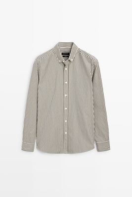 Massimo Dutti - Male - Stribet Regular Fit Skjorte I Poplin - Grøn - Xxl