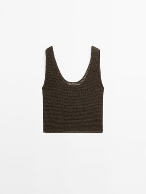 Massimo Dutti - Dame - Strikket Top I Bomuldsblanding Med Rund Halsudskæring - Grøn - S