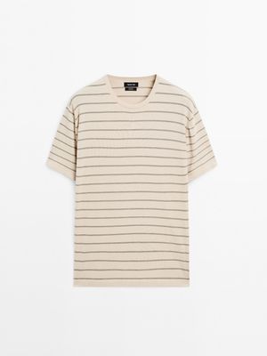 Massimo Dutti - Herre - Stribet T-Shirt I Let Strik - Råhvid - M