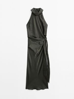 Massimo Dutti - Dame - Satin Midi Dress With Bow Detail - Studio - Mørkegrøn - M