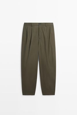 Massimo Dutti - Male - Bukser I 100 % Bomuld Med Dobbelte Læg - Grøn - 38