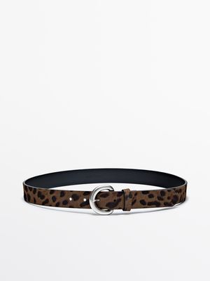 Massimo Dutti - Dame - Bælte I Skind Med Leopardprint - Grøn - S / 80cm
