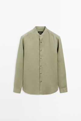 Massimo Dutti - Male - Regular Fit Skjorte I 100 % Hør Med Ståkrave - Grøn - S