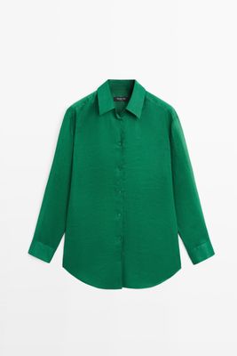 Massimo Dutti - Female - Lang Skjorte I 100 % Ramie Med Blødt Fald - Grøn - L