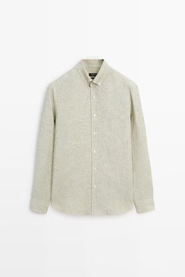 Massimo Dutti - Male - Stribet Regular Fit Skjorte I 100 % Hør - Grøn - S