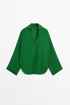 Massimo Dutti - Female - Langærmet Poloshirt Med Blødt Fald - Grøn - M