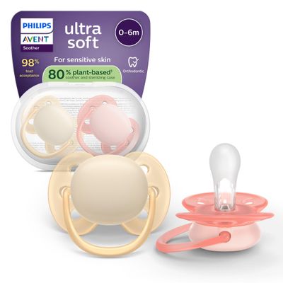 Philips Avent Ultra soft-napp, 0–6 mån, 2 st/förpackning, gul/orange, 80 % växtbaserade material