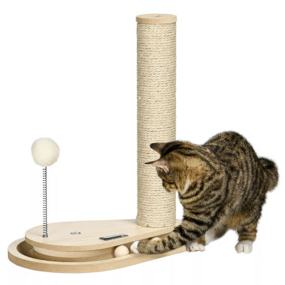 Kradsetræ til katte - Jute og Egetræs-look - med Legetøjskugle og Drejeskive - 40 cm Højde