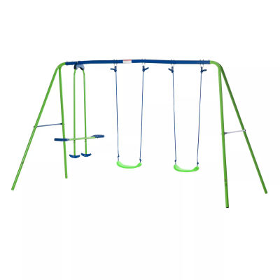 Gyngestativ til udendørs brug, 3-sidet, med 2 gynger og 1 vippe, metal, grøn, 2,8m x 1,4m x 1,78m