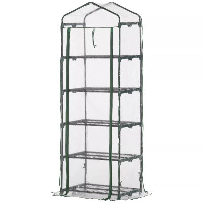 Outsunny Drivhus med 5 hylder, minidrivhus, til blomster eller grøntsager, drivhus, transparent+grøn, 69x49x193cm