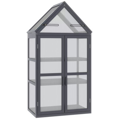 Outsunny Minidrivhus 3 niveauer Planteseng med hængslet tag Dobbeltdøre i træ Natur 70,5 x 42 x 132 cm