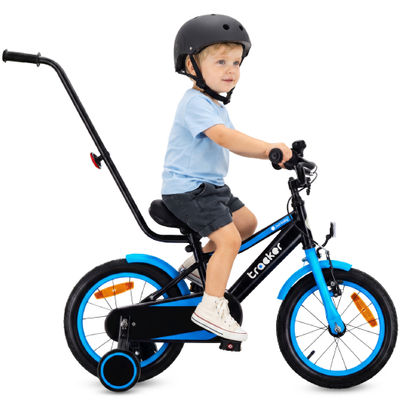 sun baby TRACKER BIKE Børnecykel 14 tommer - Justerbar sadel og styr, Klokke, Støttehjul - Blå Neon