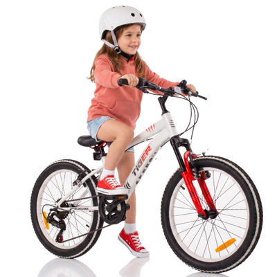 sun baby TIGER BIKE Børnecykel 20 tommer - 6 gear Shimano - Justerbar sadel og styr, V-bremse, Kædeskærm - Hvid Rød