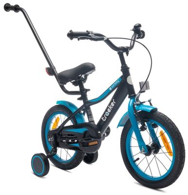 sun baby TRACKER BIKE Børnecykel 14 tommer - Justerbar sadel og styr, Klokke, Støttehjul - Blå Neon