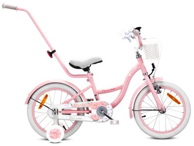 sun baby FLOWER BIKE Børnecykel 16 tommer - Kurv, Håndtag, Støttehjul - Rosa
