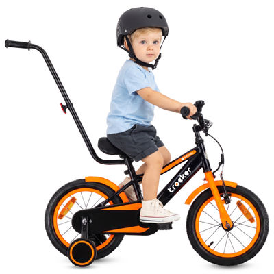 sun baby TRACKER BIKE Børnecykel 14 tommer - Justerbar sadel og styr, Klokke, Støttehjul - Orange Neon