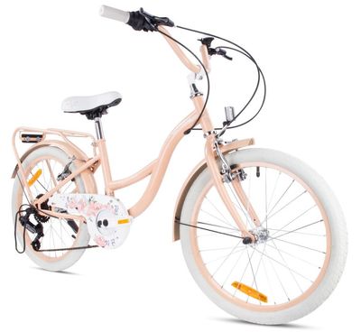 sun baby FLOWER BIKE Børnecykel 20 tommer - 6 gear, V-bremser, bagagebærer, skærme, justerbart styr og sadel - Abrikos