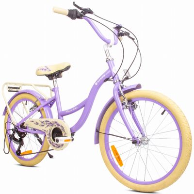 sun baby FLOWER BIKE Børnecykel 20 tommer - 6 gear, V-bremser, bagagebærer, skærme, justerbart styr og sadel - Lavendel