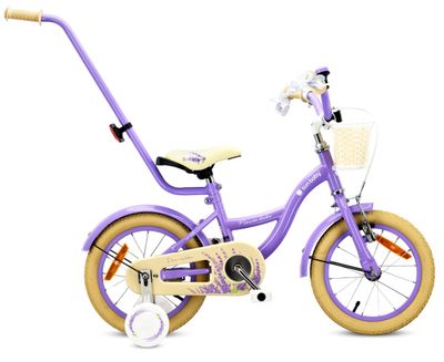 sun baby FLOWER BIKE Børnecykel 14 tommer - Kurv, Håndtag, Sidehjul - Lavendel
