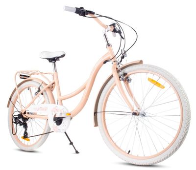 Flower Bike Flickcykel för en flicka 24 tum, 8 till 12 år, Aprikos, Barncykel med 7-växlad, pakethållare, stänkskärmar i metall, V-broms, kedjeskydd