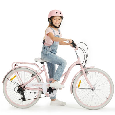 Flower Bike Flickcykel för en flicka 24 tum, 8 till 12 år, Rosa, Barncykel med 7-växlad, pakethållare, stänkskärmar i metall, V-broms, kedjeskydd