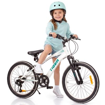 sun baby TIGER BIKE Børnecykel 20 tommer - 6 gear Shimano - Justerbar sadel og styr, V-bremse, Kædeskærm - Hvid Grøn