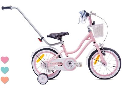 sun baby HEART BIKE Børnecykel 14 tommer - Kurv, Håndtag, Støttehjul - Silver Moon Pink
