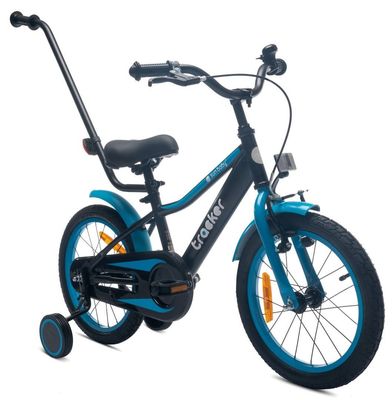 sun baby TRACKER BIKE Børnecykel 16 tommer - Justerbar sadel og styr, Klokke, Støttehjul - Blå Neon