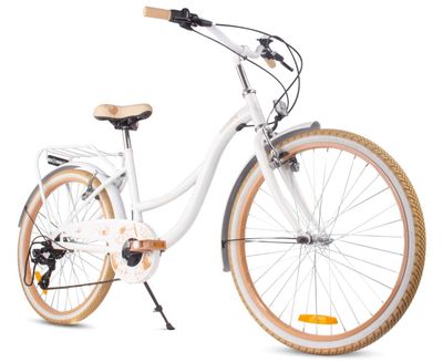 Flower Bike Flickcykel för en flicka 24 tum, 8 till 12 år, Beige och vit, Barncykel med 7-växlad, pakethållare, stänkskärmar i metall, V-broms, kedjes