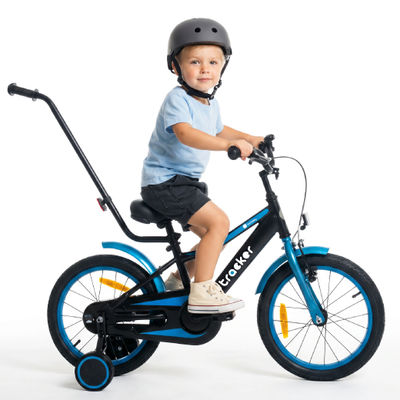 sun baby TRACKER BIKE Børnecykel 16 tommer - Justerbar sadel og styr, Klokke, Støttehjul - Blå Neon